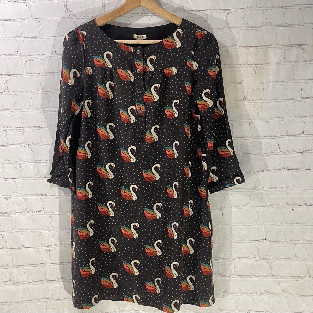 Fossil Silk Shift Dress Swan Polka Dot